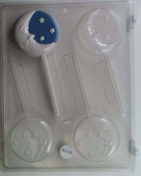 Chocolate// Candy Mold, Lollipop - Any Occassion, Crescent Moon with Face Crescent with Small Stars