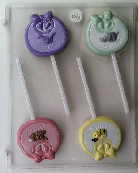 Chocolate// Candy Mold, Lollipop - Baby Shower, Bib with Different Animals on Round