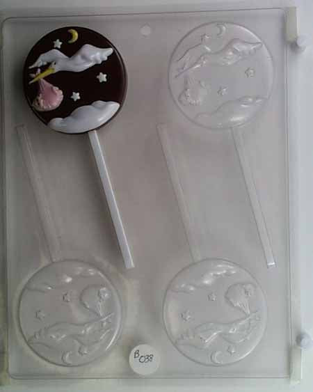 Chocolate// Candy Mold, Lollipop - Baby Shower, Flying Stork with Baby on Round