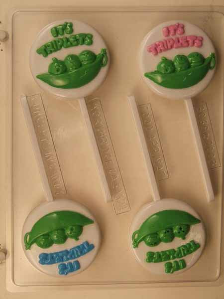 Chocolate// Candy Mold, Lollipop - Baby Shower, "It's Triplets" Peas in a Pod on Round