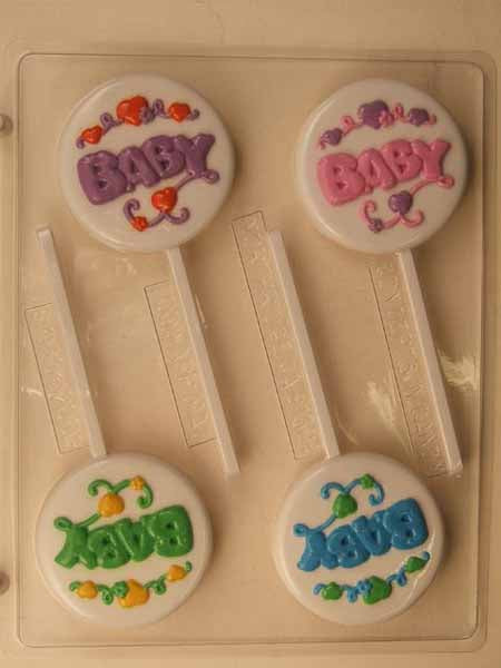 Chocolate// Candy Mold, Lollipop - Baby Shower, "Baby" with Hearts and Swirls on Round