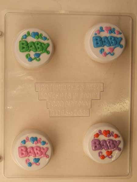 Chocolate// Candy Mold - Baby Shower, "Baby" in Bubble Letters with Hearts on Round