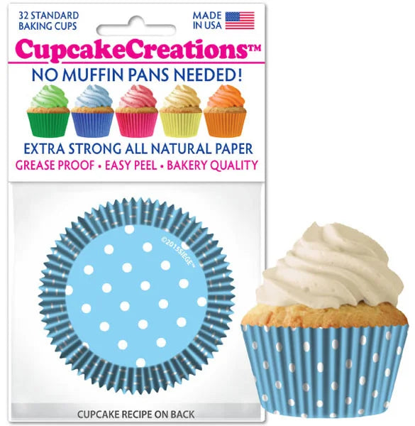 Cupcake Creations // Cupcake Liners "Light Blue Polka Dots" 2" Base x 1 3/8 " Wall