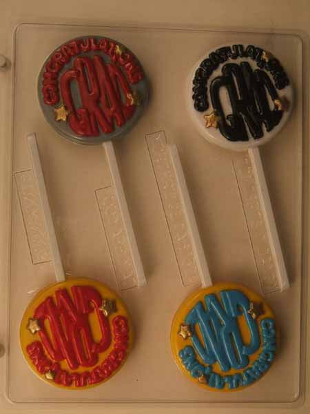 Chocolate// Candy Mold, Lollipop - Graduation, "Congratulations Grad" with Stars on Round