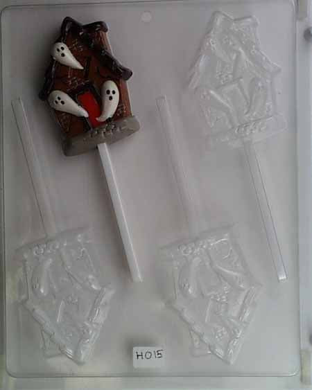 Chocolate// Candy Mold, Lollipop - Halloween, Three Ghost Flying out of House