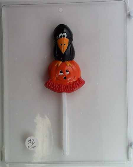 Chocolate// Candy Mold, Lollipop - Halloween, Crow Perched on Pumpkin with "HAPPY HALLOWEEN"