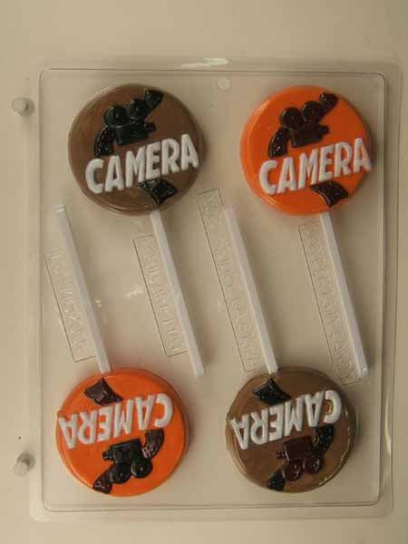 Chocolate// Candy Mold, Lollipop - Hollywood, Movie Camera Filmstrip with "Camera" on Round