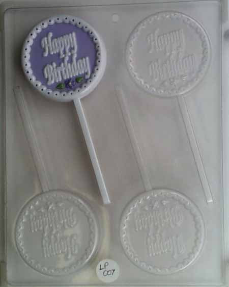 Chocolate// Candy Mold, Lollipop - Birthday, "Happy Birthday" in Script on Round with Decorated Edge
