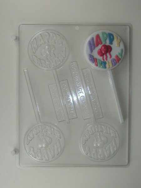 Chocolate// Candy Mold, Lollipop - Birthday, "Happy Birthday" on Round with Balloons