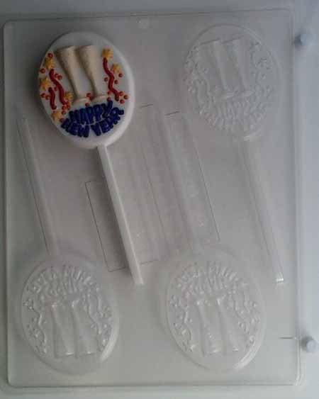 Chocolate// Candy Mold, Lollipop - Party, "Happy New Year" with Champagne Flutes on Oval