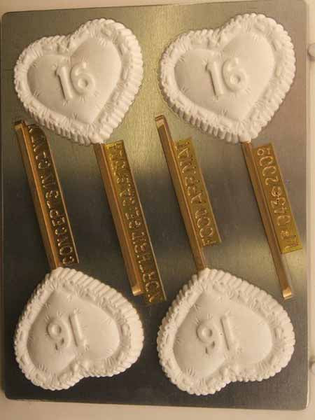 Chocolate// Candy Mold, Lollipop - Birthday, "16" on Ruffled Heart