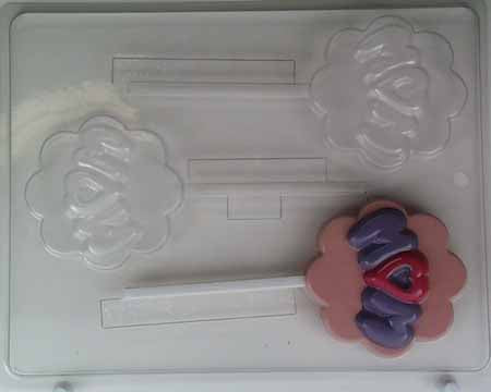 Chocolate// Candy Mold, Lollipop - Mother, "MOM" in Bubble Letters on Round Scalloped Edge