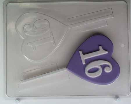 Chocolate// Candy Mold, Lollipop - Birthday, "16" on Large Heart