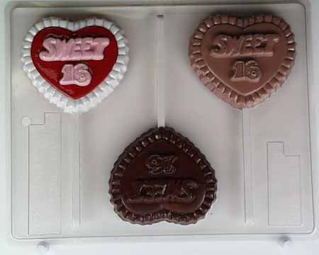 Chocolate// Candy Mold, Lollipop - Birthday "Sweet 16" on Heart with Ruffled Edges
