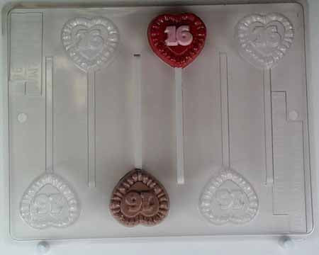 Chocolate// Candy Mold, Lollipop - Birthday "Sweet 16" on Small Heart with Ruffled Edges