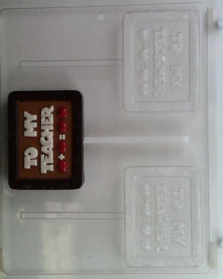 Molde de chocolate/caramelo, piruleta - Escuela, "Para mi maestra" en pizarra con manzanas