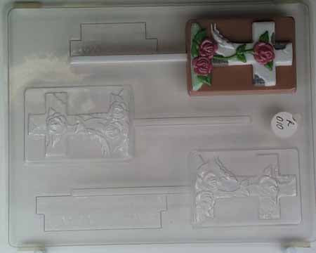 Chocolate// Candy Mold, Lollipop - Religious, Cross with Roses and Butterfly