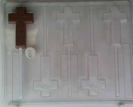 Chocolate// Candy Mold, Lollipop - Religious, Cross with Wooden Effect