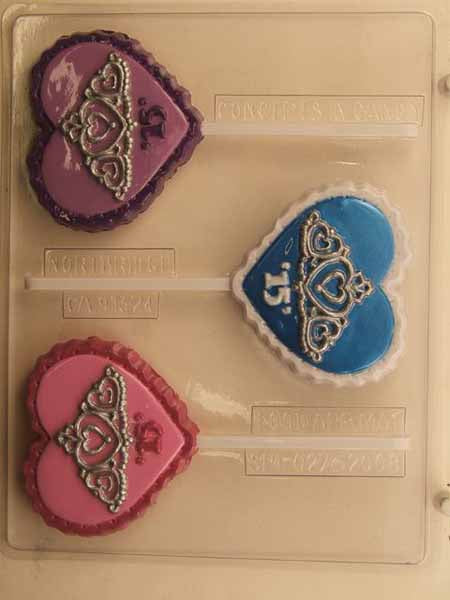 Chocolate// Candy Mold, Lollipop - Quince, Crown with "15" on Heart
