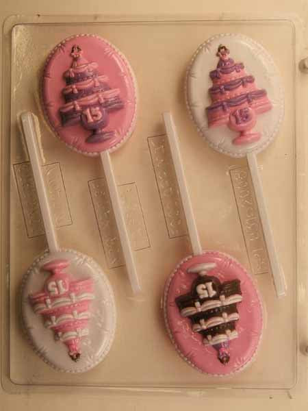 Chocolate// Candy Mold, Lollipop - Quince, Cake on Pedestal with '15" and Quince Doll