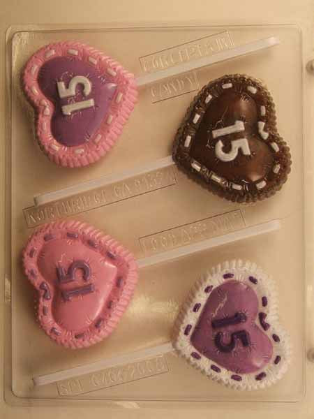 Chocolate// Candy Mold, Lollipop - Quince, '15' on Tufted Heart