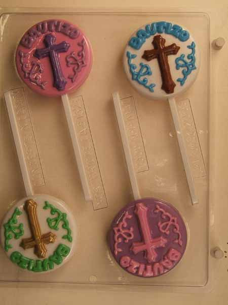Chocolate// Candy Mold, Lollipop - Quince, 'BAUTIZO' Cross with Decorations on Round