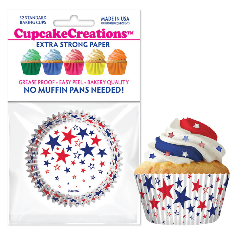 Cupcake Creations // Cupcake Liners "Red, White & Blue Stars" 2" Base x 1 3/8 " Wall
