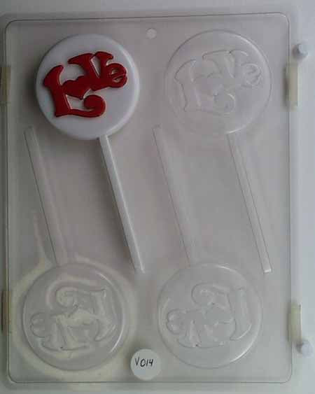 Molde para chocolate y caramelos, piruleta - Love, mediano "LOVE" en forma redonda