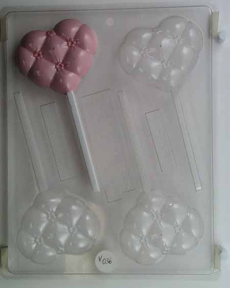 Molde para chocolate y caramelos, piruleta - Amor, corazón mediano con mechones y flores