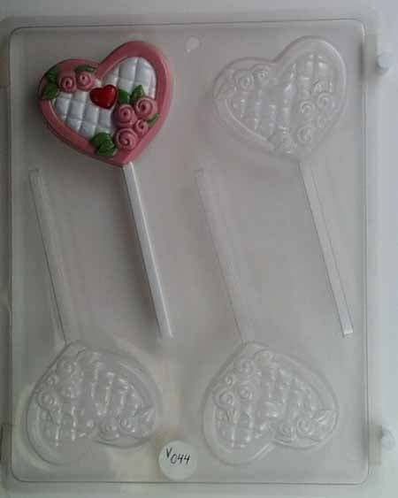 Molde para chocolate y caramelos, piruleta - Amor, corazón con marco, patrón grabado con capullos de rosa