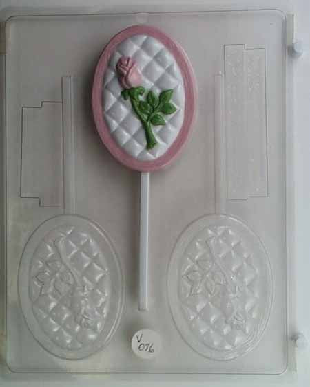 Molde para chocolate y caramelos, piruleta - Amor, marco ovalado, interior con mechones y capullo de rosa