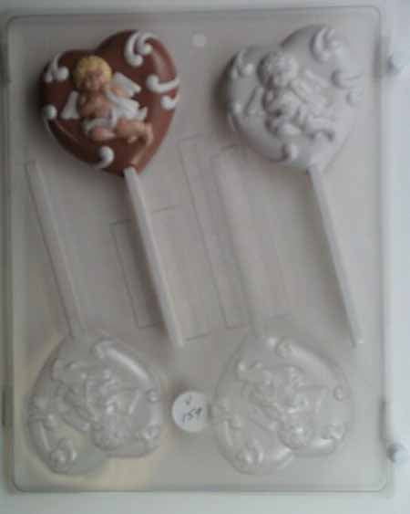 Molde para chocolate/caramelos, piruleta - Amor, corazón mediano adornado con Cupido