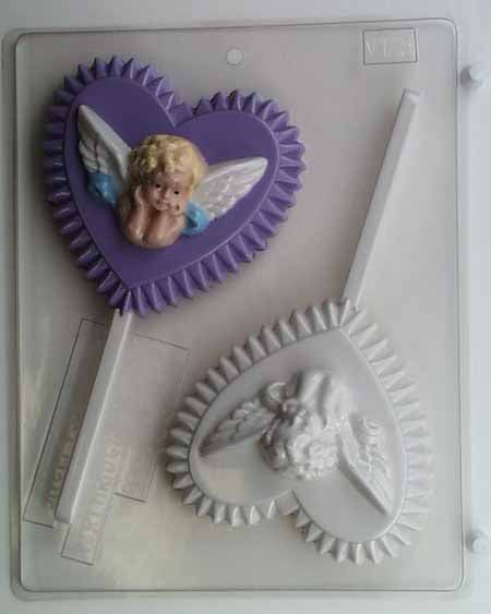 Chocolate// Candy Mold, Lollipop - Love, Large Crystal Heart with Cupid Resting Head on Hands 