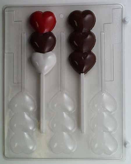 Molde para chocolate/caramelo, piruleta - Amor, tres corazones redondeados apilados verticalmente