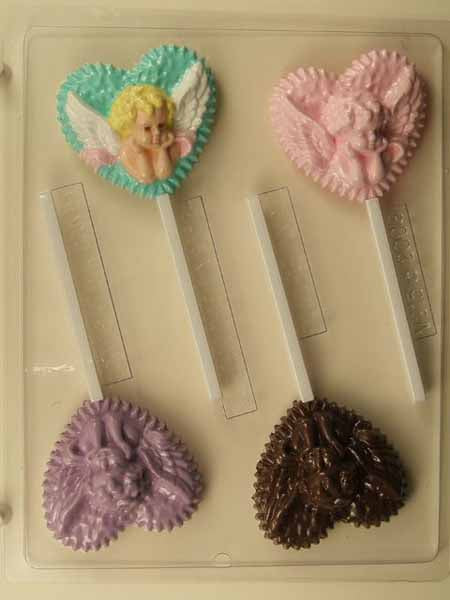 Molde de chocolate/caramelo, piruleta - Amor, estilo tradicional, querubín en corazón