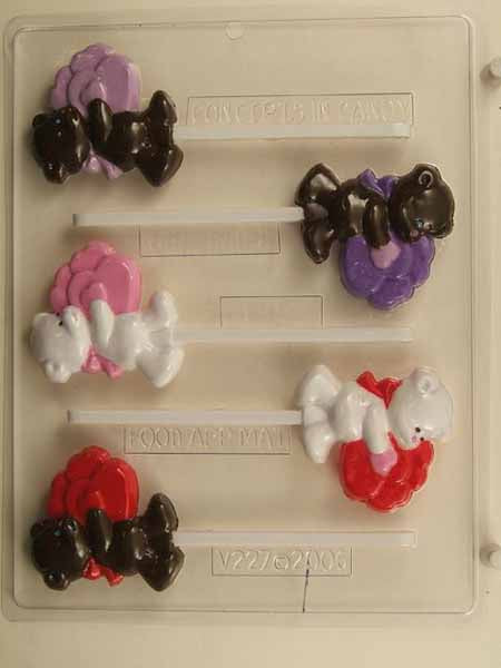 Molde de chocolate/caramelo, piruleta - Amor, oso con lazo sosteniendo corazones