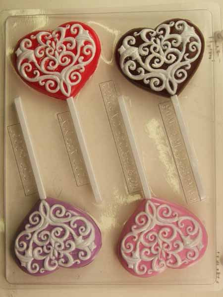 Molde para chocolate y caramelos, piruleta - Amor, corazón con patrón de remolinos en relieve