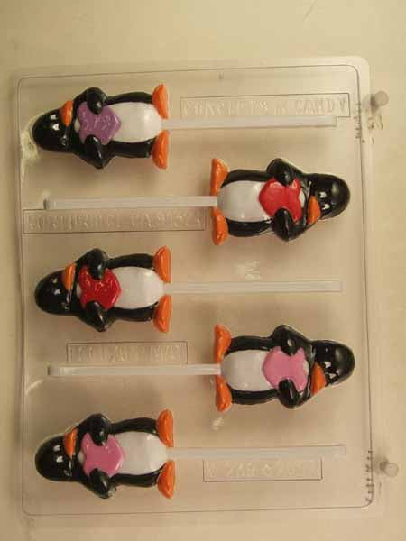 Molde de chocolate/caramelo, piruleta - Amor, pingüino sosteniendo un corazón