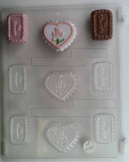 Molde para chocolate/caramelos, mini - Boda, rectangular y con forma de corazón, mentas con la frase "Amar, honrar, apreciar".