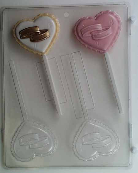 Molde para chocolate y caramelos, piruleta - Boda, alianzas de boda sobre almohada con forma de corazón y ribete de encaje