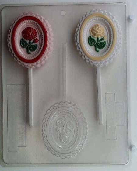 Chocolate// Candy Mold, Lollipop - Flower, Rose in a Scalloped Oval Frame