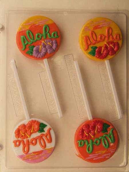Chocolate// Candy Mold, Lollipop - Summer, "Aloha" in Script with Hibiscus on Round