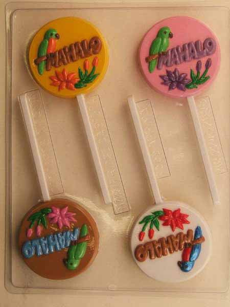 Chocolate// Candy Mold, Lollipop - Summer, "Mahalo" in Bubble Letters with Parrot and Lily on Round