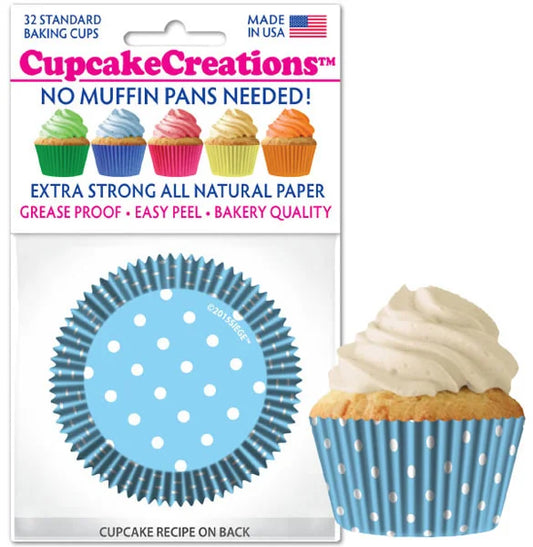 Cupcake Creations // Cupcake Liners "Light Blue Polka Dots" 2" Base x 1 3/8 " Wall