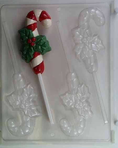 Chocolate// Candy Mold, Lollipop - Holiday, Christmas Candy Cane with Holly