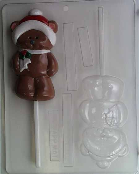 Chocolate// Candy Mold, Lollipop -Holiday, Christmas Bear with Hat and Holly Scarf