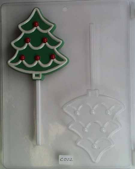 Chocolate// Candy Mold, Lollipop - Christmas, Large Outlined Christmas Tree with Ornaments