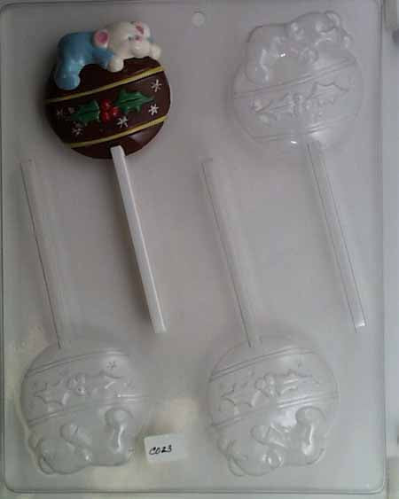 Chocolate// Candy Mold, Lollipop - Holiday, Bear in Jammies on Ornament with Holly