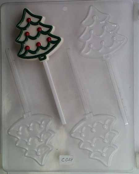 Chocolate// Candy Mold, Lollipop - Christmas, Medium Outlined Christmas Tree with Ornaments