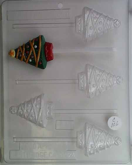 Chocolate// Candy Mold, Lollipop - Christmas, Small Christmas Tree Decorated with Trim, Star and Ornaments